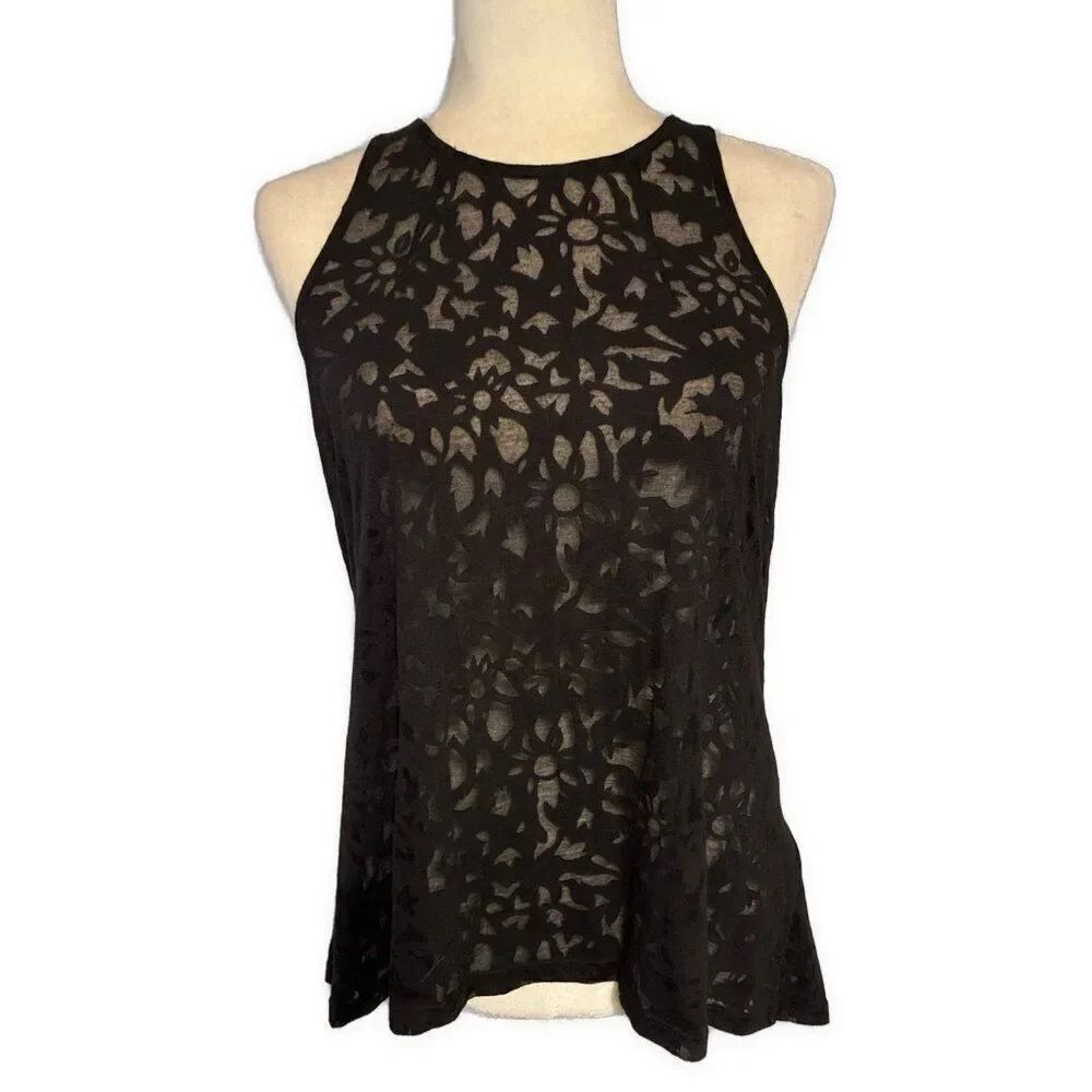 H&M Women’s Solid Black Sheer Flowy Round Neck Tank Top Small